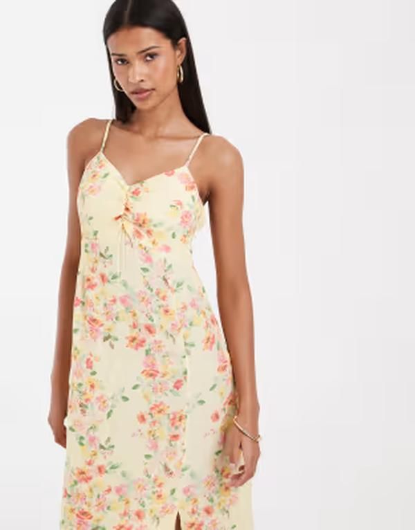 ヴェロモーダ レディース トップス ワンピース フラワー柄 プリント ギャザー ミディ フラワー Vero Moda ruched bust detail camidi dress in yellow ヴェロモーダ レディース トップス ワンピース フラワー柄 プリント ギャザー ミディ フラワー Vero Moda ruched bust detail camidi dress in yellow