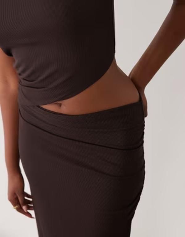 エイソス レディース トップス ワンピース カットアウト ミディ ASOS DESIGN light rib cutout midi dress in chocolate チョコレート