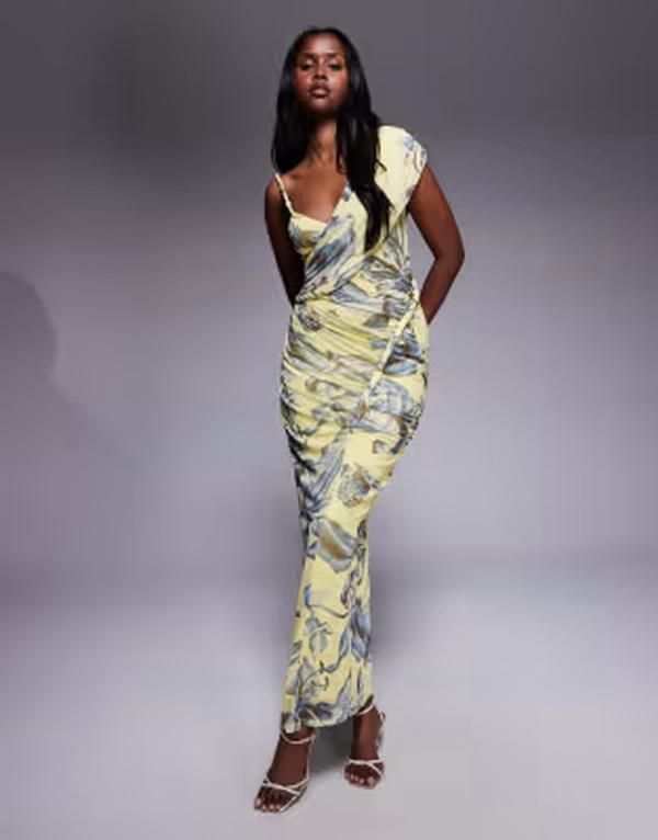 エイソス レディース トップス ワンピース フラワー柄 プリント ギャザー メッシュ マキシ フラワー ASOS DESIGN printed mesh one shoulderuched maxi