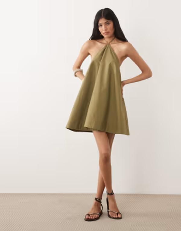 エイソス レディース トップス ワンピース ミニ ホルター ASOS DESIGN poplin halter neck swing mini sundress in olive オリーブ