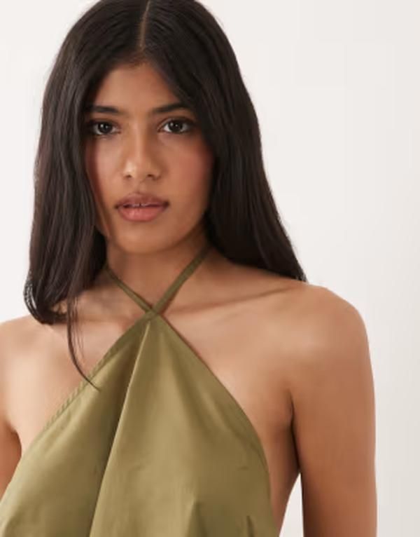 エイソス レディース トップス ワンピース ミニ ホルター ASOS DESIGN poplin halter neck swing mini sundress in olive オリーブ