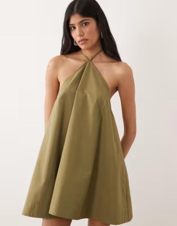 エイソス レディース トップス ワンピース ミニ ホルター ASOS DESIGN poplin halter neck swing mini sundress in olive オリーブ
