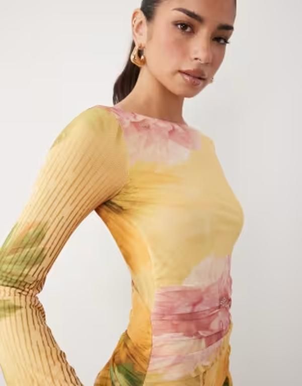エイソス レディース トップス ワンピース フラワー柄 ギャザー ミニ メッシュ フラワー ASOS DESIGN mesh waterfall sleeve ruched mini dress in