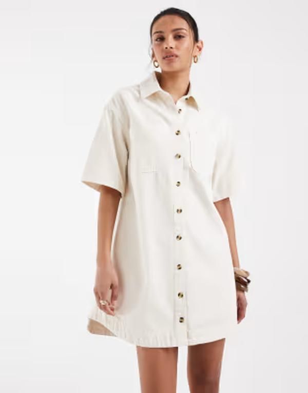 エイソス レディース トップス ワンピース シャツ デニム ASOS DESIGN denim boxy shirt dress with pocket detail in ecru エクリュ