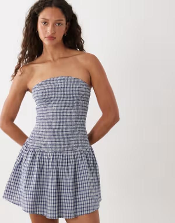 コットンオン レディース トップス ワンピース ミニ Cotton shirred tube mini dress plaid Indigo check インディゴ