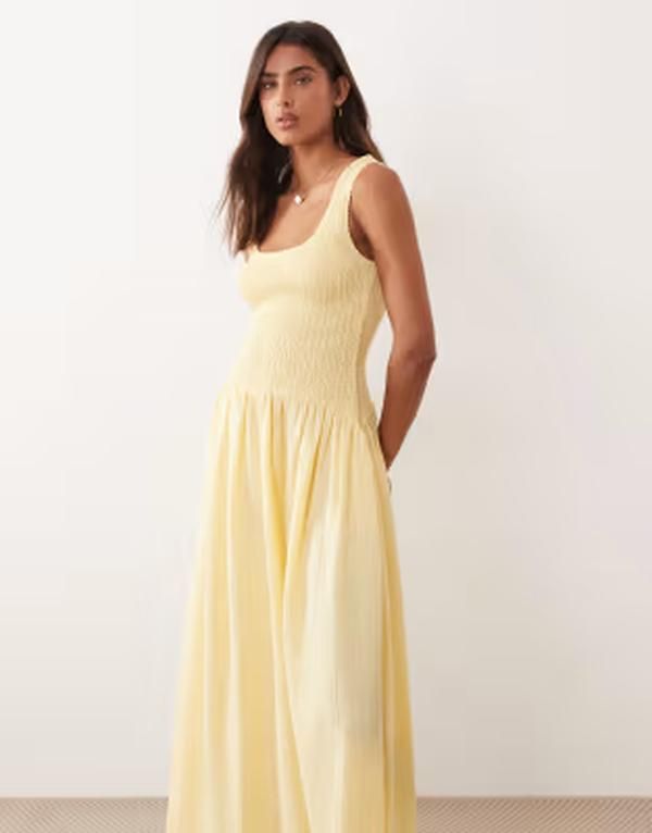 エイソス レディース トップス ワンピース マキシ ASOS DESIGN crinkle scoop neck maxi sundress with shirred waist in lemon