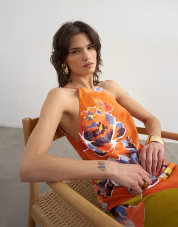 トップショップ レディース トップス ワンピース フラワー柄 サテン コントラスト マキシ フラワー ホルター Topshop bias cut halter neck open scoop back トップショップ レディース トップス ワンピース フラワー柄 サテン コントラスト マキシ フラワー ホルター Topshop bias cut halter neck open scoop back