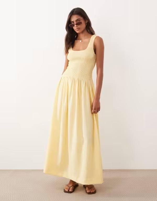 エイソス レディース トップス ワンピース マキシ ASOS DESIGN crinkle scoop neck maxi sundress with shirred waist in lemon