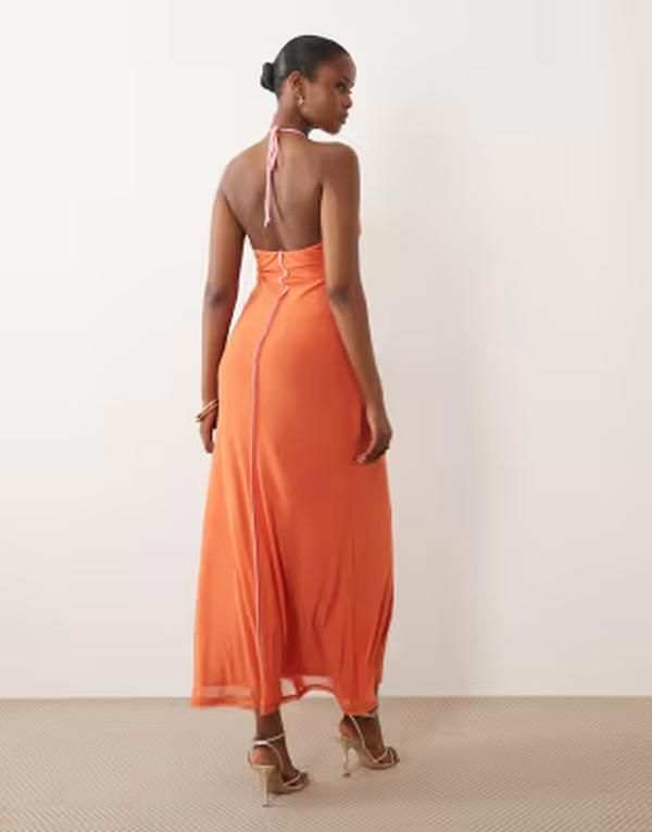 エイソス レディース トップス ワンピース メッシュ マキシ ホルター ASOS DESIGN scoop halterneck mesh maxi dress in orange オレンジ