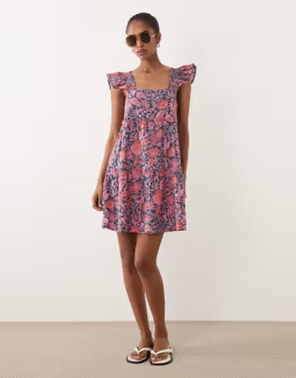 アクセサライズ レディース トップス ワンピース フラワー柄 ミニ フラワー Accessorize floral mini beach dress with frill straps in teal