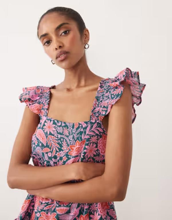 アクセサライズ レディース トップス ワンピース フラワー柄 ミニ フラワー Accessorize floral mini beach dress with frill straps in teal アクセサライズ レディース トップス ワンピース フラワー柄 ミニ フラワー Accessorize floral mini beach dress with frill straps in teal