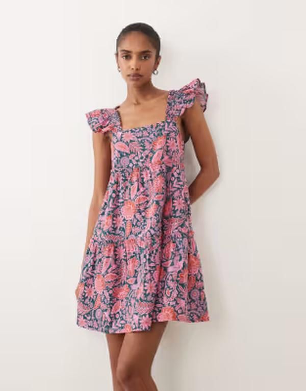 アクセサライズ レディース トップス ワンピース フラワー柄 ミニ フラワー Accessorize floral mini beach dress with frill straps in teal アクセサライズ レディース トップス ワンピース フラワー柄 ミニ フラワー Accessorize floral mini beach dress with frill straps in teal