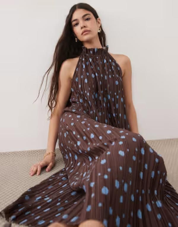 エイソス レディース トップス ワンピース ドット柄 ドット ミディ ホルター ASOS DESIGN plisse halterneck midi dress in polka dot Multi