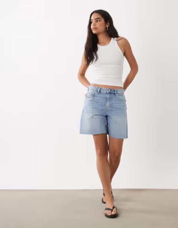 マンゴ レディース ボトムス ハーフパンツ・ショーツ ショートパンツ コットン デニム Mango 100 cotton denim bermuda shorts in bleach wash BLU