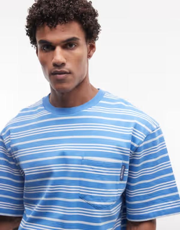 コルージョン メンズ トップス Tシャツ COLLUSION striped tshirt with pocket detail BLUE ブルー