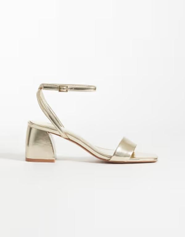 マンゴ レディース シューズ サンダル Tシャツ ヒール Mango Teen square toe heeled sandals GOLD ゴールド