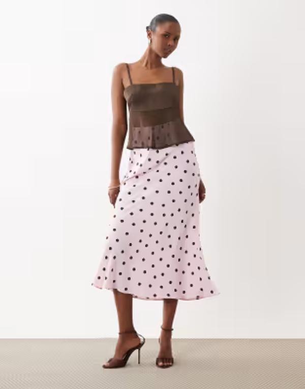 ヴィラ レディース ボトムスカート ドット サテン マキシ VILA satin maxi skirt and chocolate polka dots Cherry Blossom ピンク