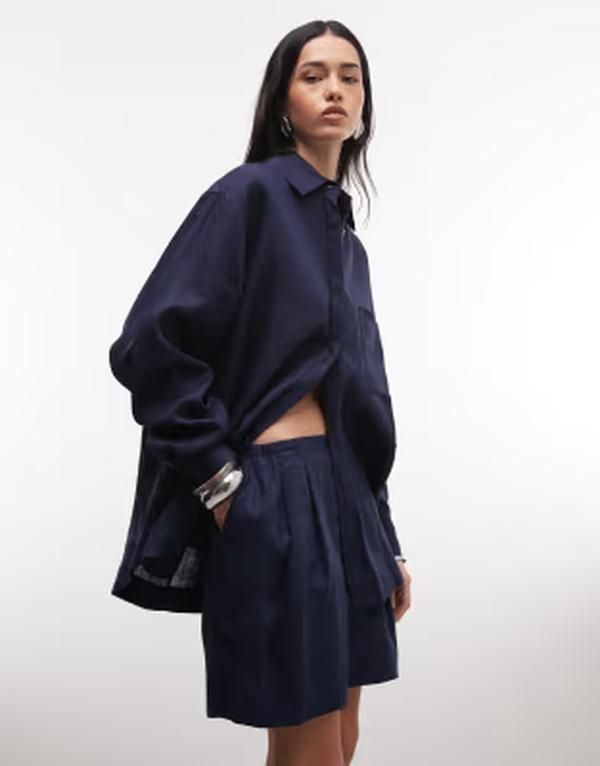 エイソス レディース ボトムス ハーフパンツ・ショーツ ショートパンツ リネン ASOS DESIGN pull on linen look shorts Navy ネイビー