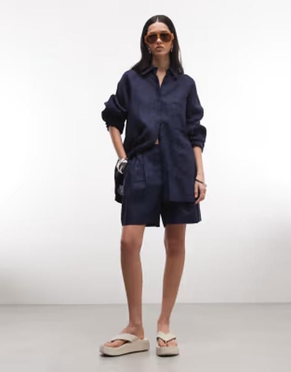 エイソス レディース ボトムス ハーフパンツ・ショーツ ショートパンツ リネン ASOS DESIGN pull on linen look shorts Navy ネイビー
