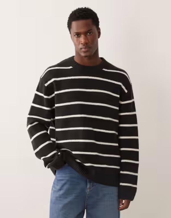 アルケット メンズ アウター ニット・セーター クルーネック コットン ARKET cotton rich striped crew neck sweater Black ブラック