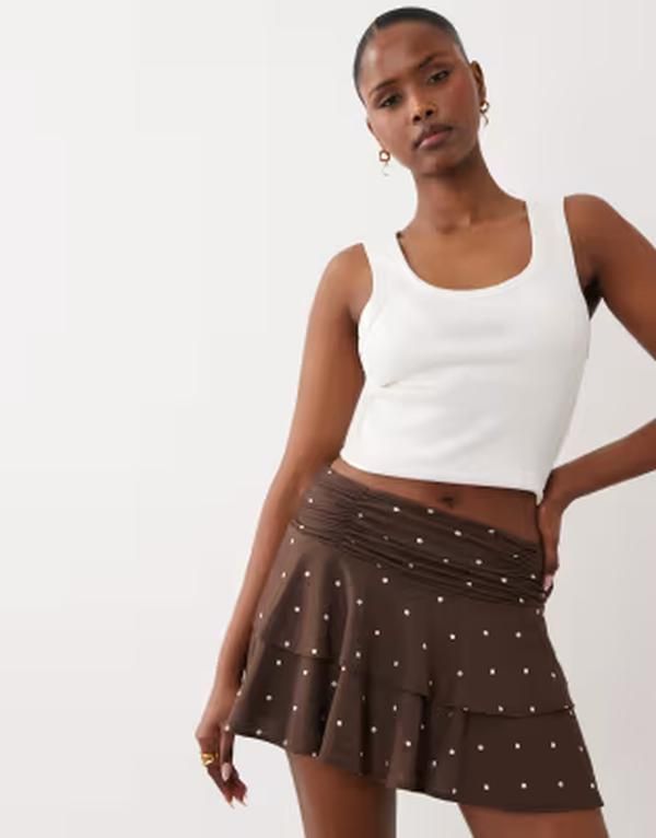 ジーナトリコ レディース ボトムスカート ドット プリント ミニ Gina Tricot mini frill skirt polkadot print Brown polka dot ブラウン