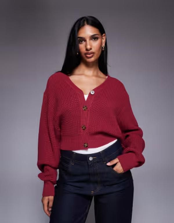 カイア レディース アウター カーディガン バルーンスリーブ Kaiia exclusive vfront button up balloon sleeve cardigan in cranberry