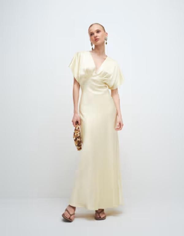 ジーナトリコ レディース トップス ワンピース サテン マキシ Gina Tricot batwing sleeve plunge neck satin maxi dress in butter ye