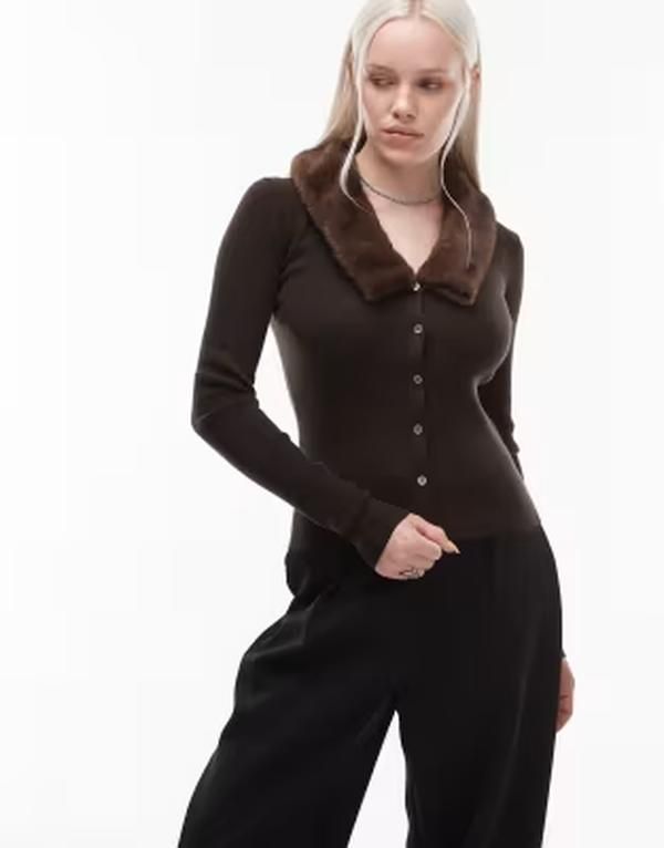 アルケット レディース アウター カーディガン ウール ARKET pure wool cardigan with faux fur cuffs and collar in dark brown ブラ