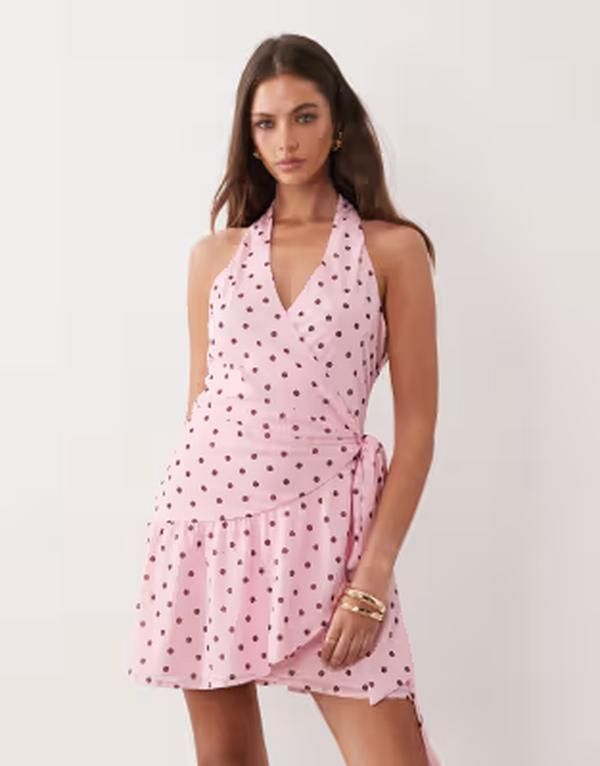ジーナトリコ レディース トップス ワンピース ドット柄 ドット ミニ シアー Gina Tricot sheer wrap mini dress polka dot Pink Dot ピンク