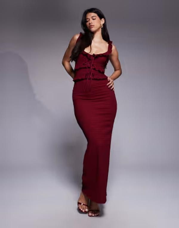 ザ・フロリック レディース トップス ワンピース オープンバック レース マキシ The Frolic exclusive textu red frill detailace up open back