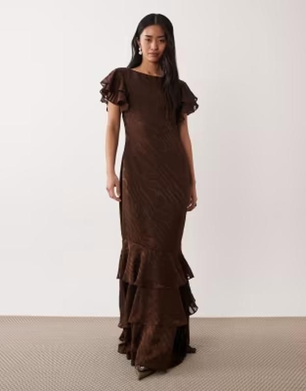 プリティラヴィッシュ レディース トップス ワンピース マキシ Pretty Lavish devore frill sleeve maxi dress BROWN ブラウン