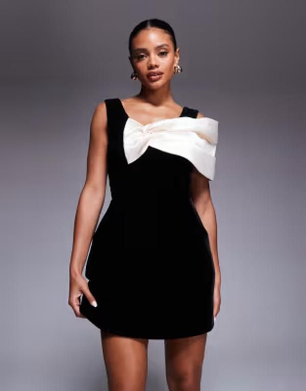 エイソス レディース トップス ワンピース ドレープ ミニ ベルベット サテン ASOS LUXE velvet mini dress with structu red satin drape Bla
