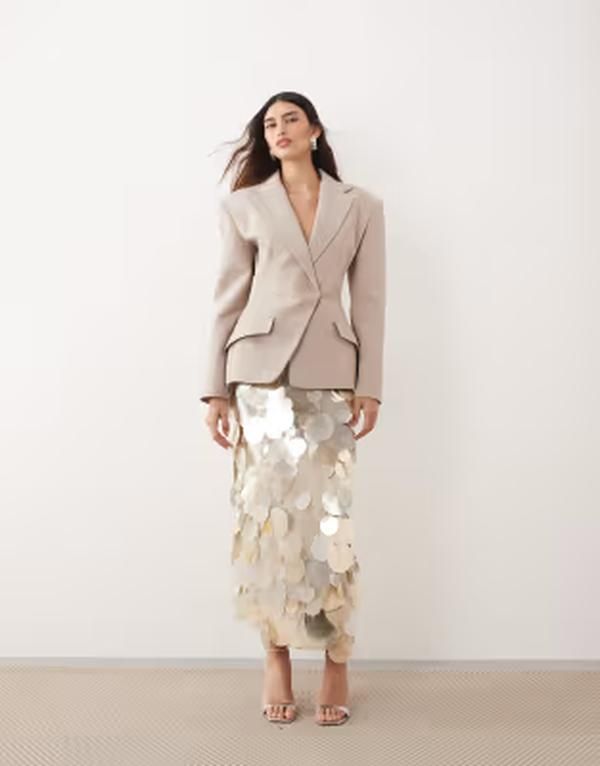 アレンジ レディース ボトムスカート マキシ ARRANGE mirror paillette column maxi skirt SILVER シルバー