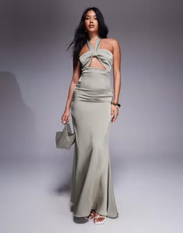 アリアコーブ レディース トップス ワンピース カットアウト サテン マキシ ホルター Aria Cove satin halternecknot front cutout detail maxi d
