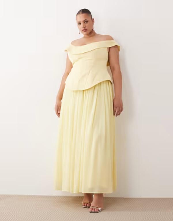 アレンジ レディース トップス ワンピースカート マキシ ARRANGE Curve fallen shoulder structu red maxi dress with full skirt in