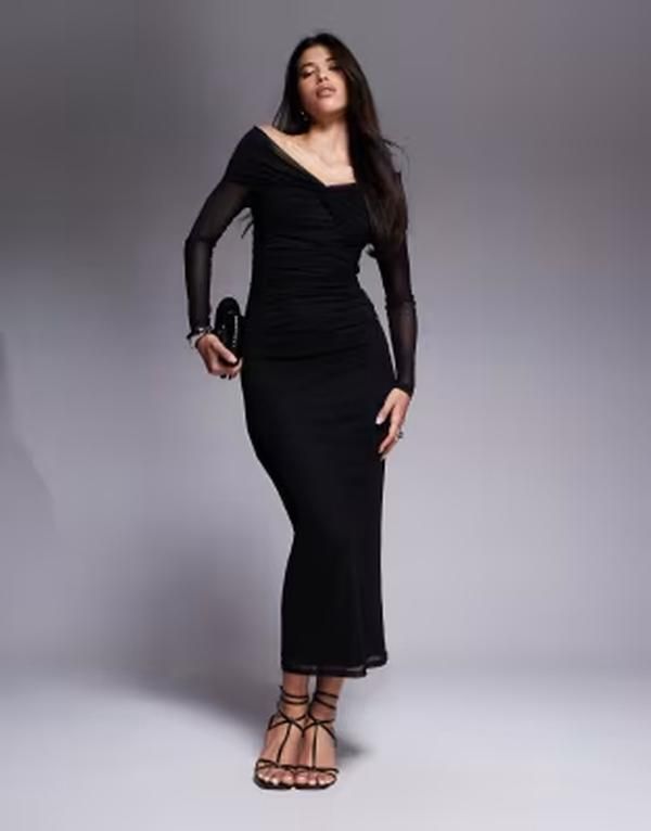 アリアコーブ レディース トップス ワンピース メッシュ マキシ Aria Cove mesh twist front bardot long sleeve maxi dress Black ブラック