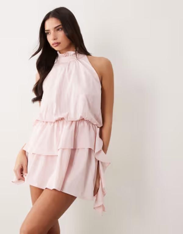 アリアコーブ レディース トップス ワンピース ティアード ハイネック ミニ Aria Cove high neck frill detailing tie red mini dress in bab