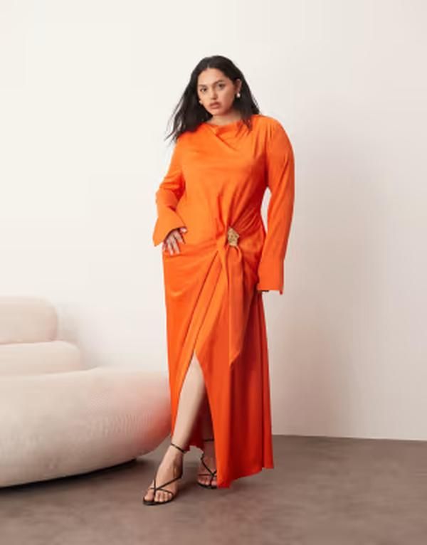 アレンジ レディース トップス ワンピース ドレープ マキシ ARRANGE Curve long sleeve draped maxi dress with molten metal trim in