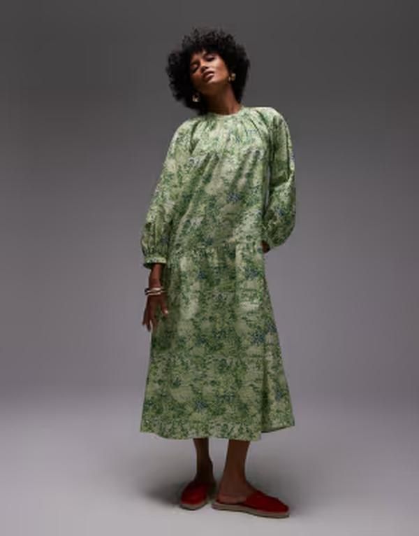 アルケット レディース トップス ワンピース プリント コットン ARKET pure cotton smock midaxi dress with drop waist leaf print Gre