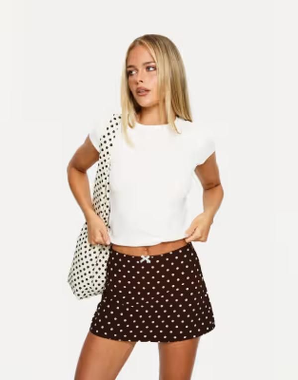 プリンセスポリー レディース ボトムスカート ドット柄 ドット ミニ Princess Polly Tejano bow front mini skirt in chocolate polka dot
