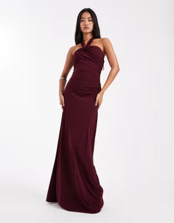 シックスストーリーズ レディース トップス ワンピース マキシ ホルター Six Stories Bridesmaidstretchalter neck maxi dress in wine Merl