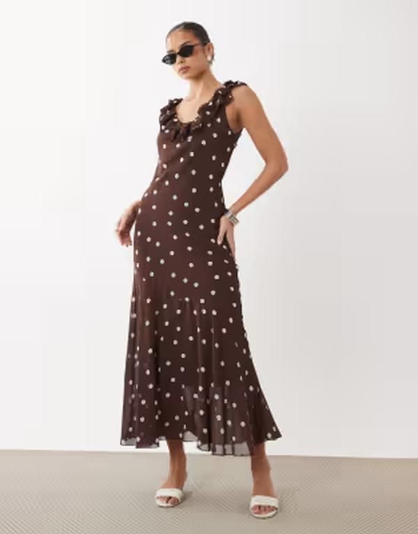 ジーナトリコ レディース トップス ワンピース ドット柄 アシンメトリー ドット フリル マキシ Gina Tricot offtheshoulder maxi asymmetric ruffle d