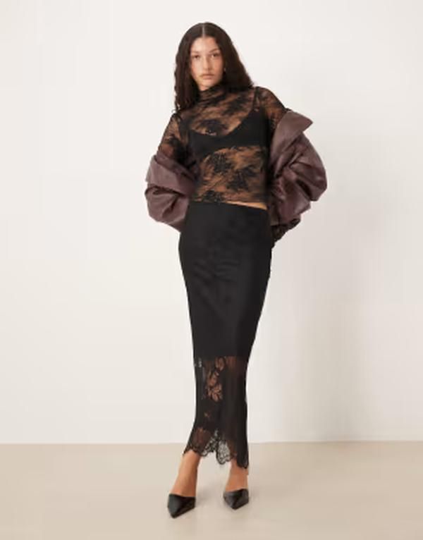 ジーナトリコ レディース ボトムスカート ミディ レース Gina Tricot midi skirt with lace insert Black ブラック