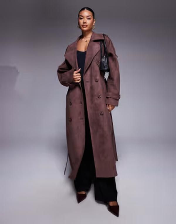 アリアコーブ レディース アウター コート スエード マキシ Aria Cove faux suede belted maxi trench coat in chocolate チョコレート