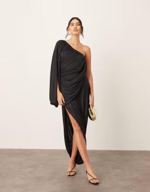 アレンジ レディース トップス ワンピース ドレープ スカート マキシ ARRANGE drape one shoulder maxi dress with tulip skirt Black ブラッ