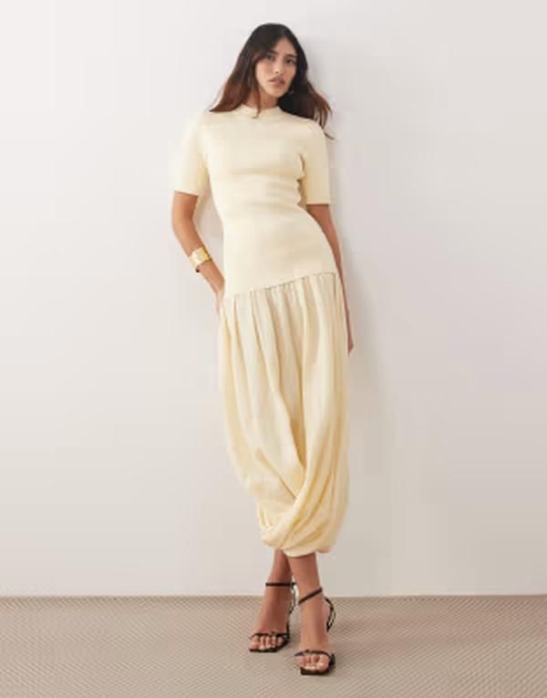 アレンジ レディース トップス ワンピース ミディ ニット ARRANGE knit short sleeve hybrid midi dress in buttermilk Butter