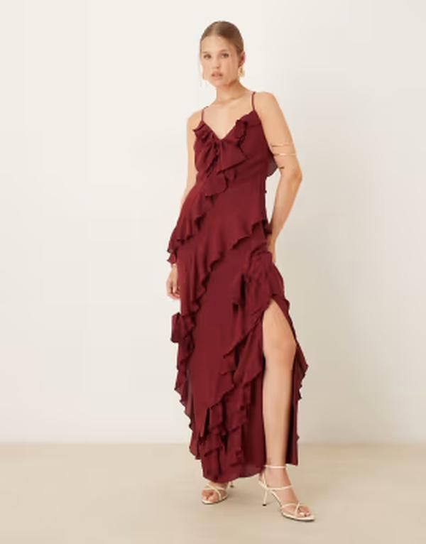 プリティラヴィッシュ レディース トップス ワンピース フリル マキシ Pretty Lavish ruffle bow maxi dress in wine ワイン