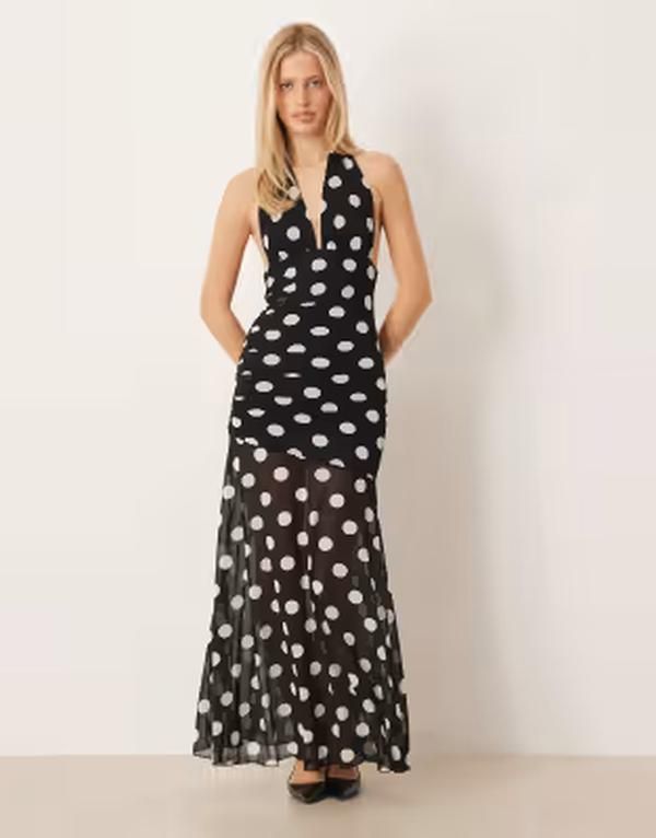 ジーナトリコ レディース トップス ワンピース ドット柄 ドット マキシ ホルター Gina Tricot halterneck dropped waist maxi dress polka dot