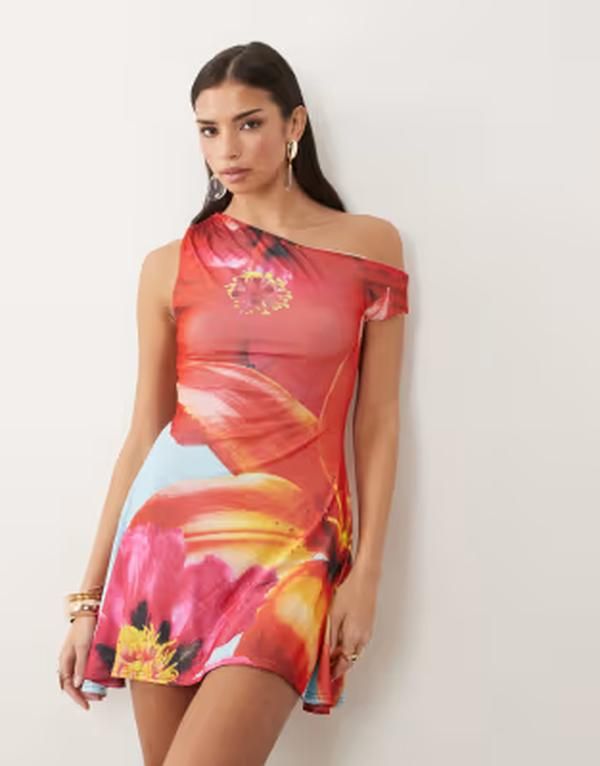 カイア レディース トップス ワンピース フラワー柄 ミニ フラワー Kaiia exclusive double laye red slinky off shoulder skater mini d