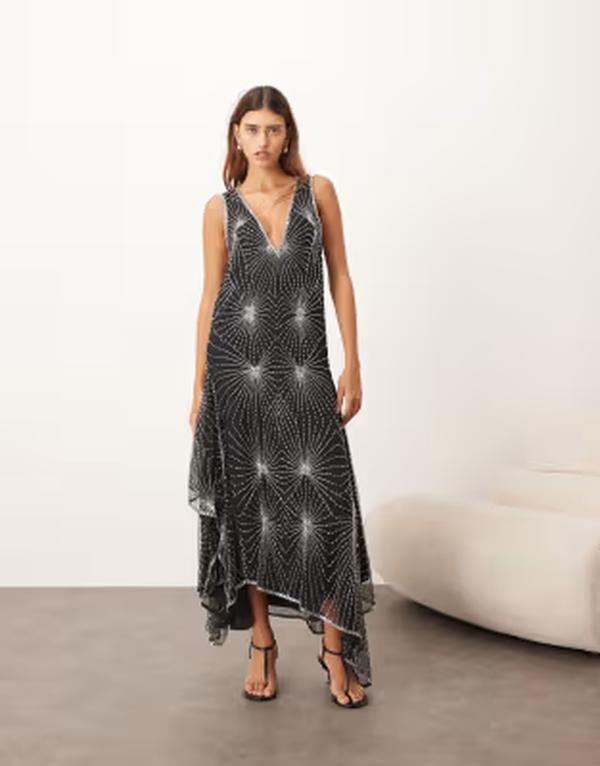 アレンジ レディース トップス ワンピース アシンメトリー ミディ ARRANGE art deco linear embellished asymmetric midi dress Black ブラ